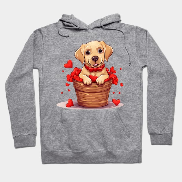 Cartoon Labrador Retriever Dog in Hearts Basket Hoodie by Chromatic Fusion Studio